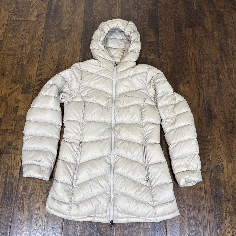 Eddie Bauer Puffer Jacket Women Small Tan EB650 Down Hooded Quilted Parka Coat